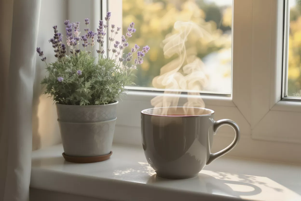A steaming mug and potted lavender plant on a sunlit windowsill.