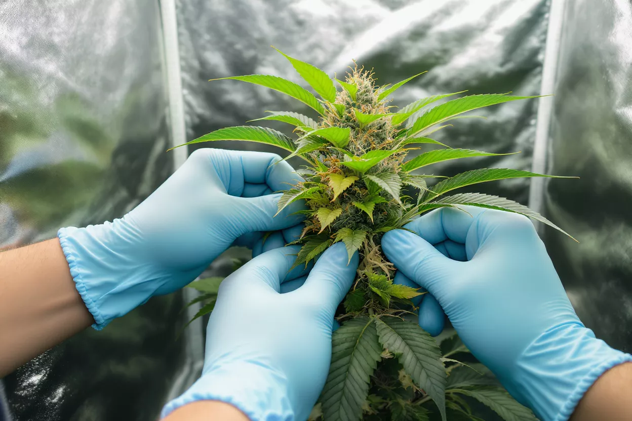 Two hands in blue gloves inspecting a vibrant green cannabis plant bud in a grow tent.