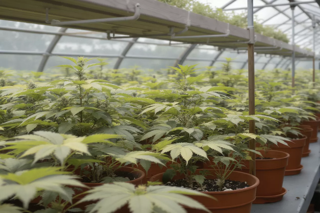 Rows of healthy cannabis plants growing in pots inside a large greenhouse.
