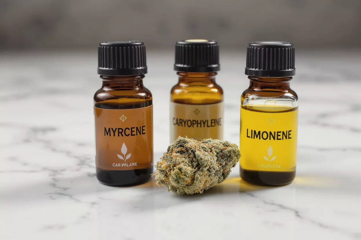 Three terpene essential oil bottles (Myrcene, Caryophyllene, Limonene) with cannabis bud.