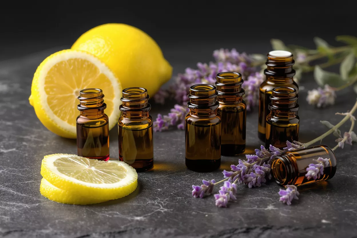 Amber essential oil bottles with fresh lemons and lavender on a dark surface.