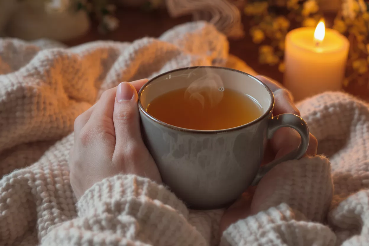 Hands holding a steaming mug of tea, surrounded by a warm knitted blanket and candlelight.