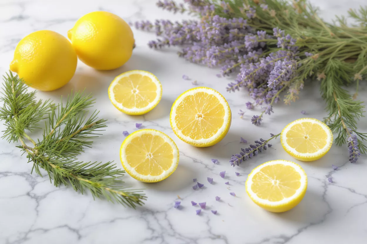 Two whole lemons, four lemon halves, lavender, and pine needles on marble.