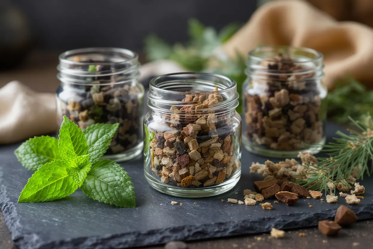 Three glass jars filled with colorful herbal mixes on a dark slate surface.