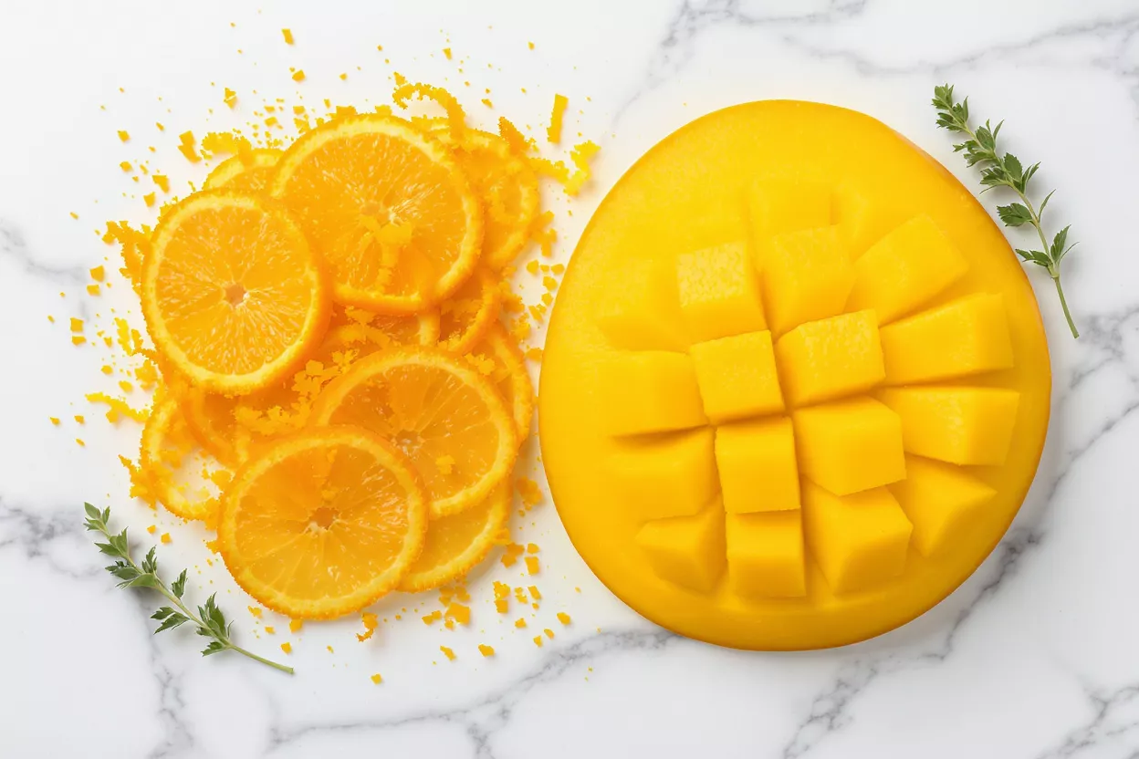 Top-down view of a diced mango half and orange slices with zest on marble.