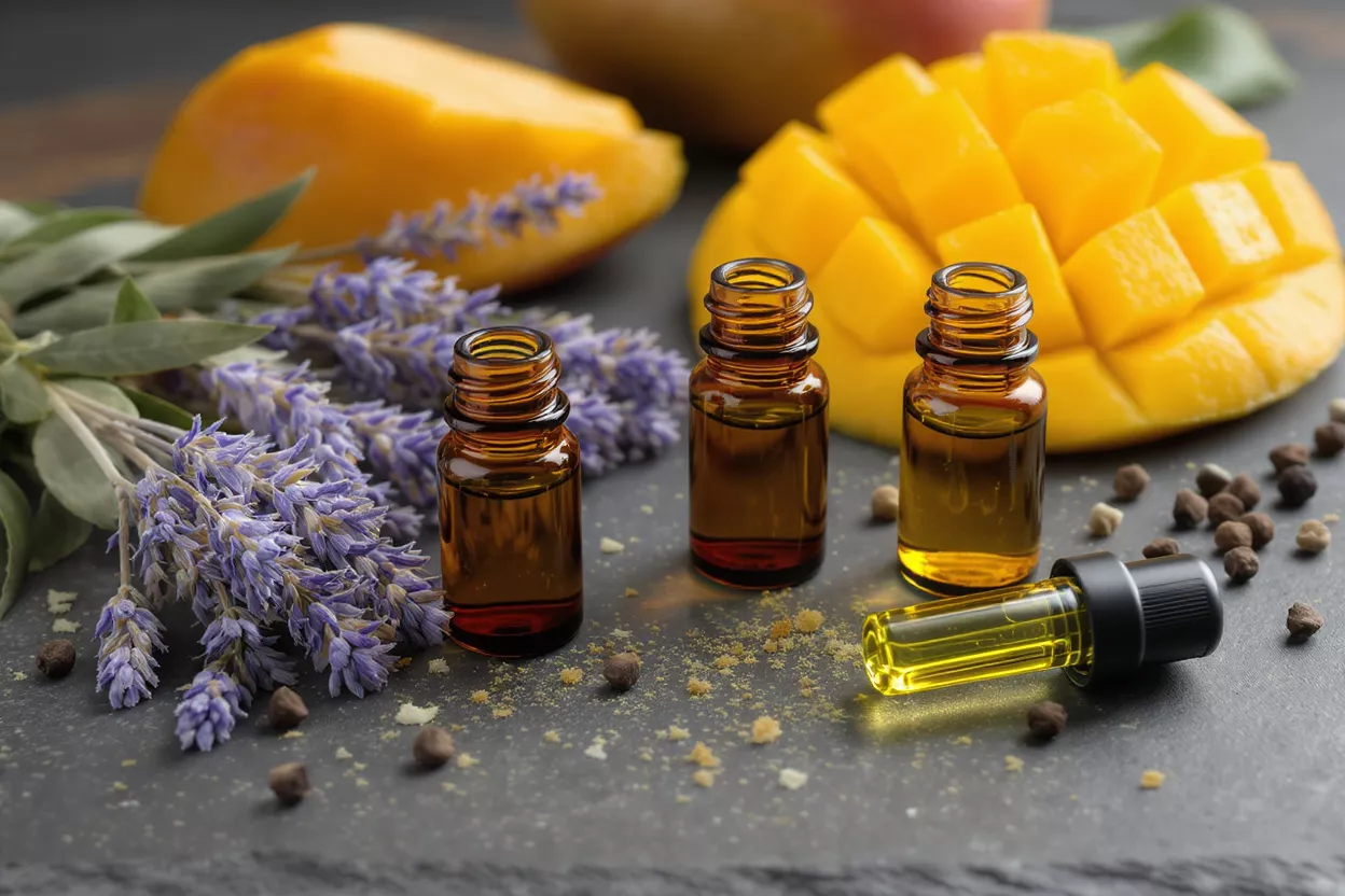 Three amber bottles of essential oil with mango, lavender, and peppercorns.