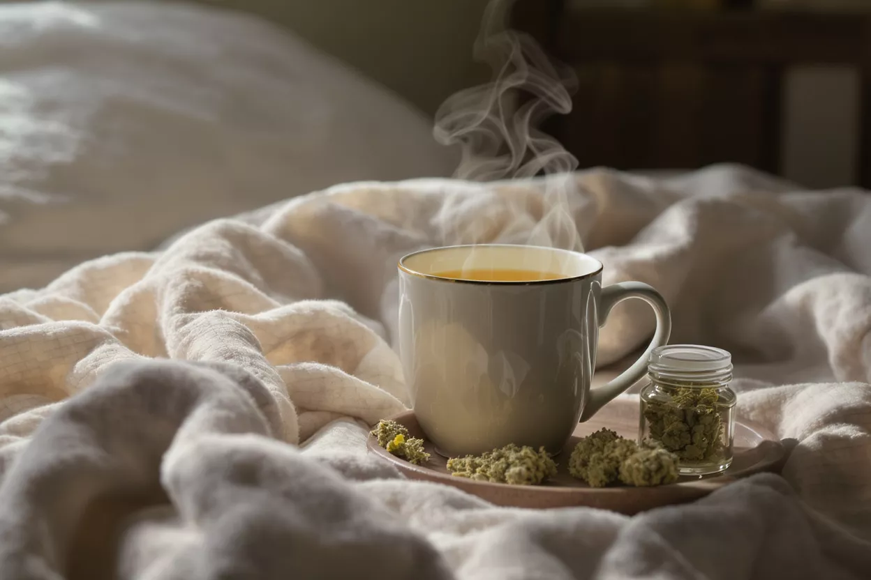Steaming cup of herbal tea with dried herbs on a tray in a cozy bed.