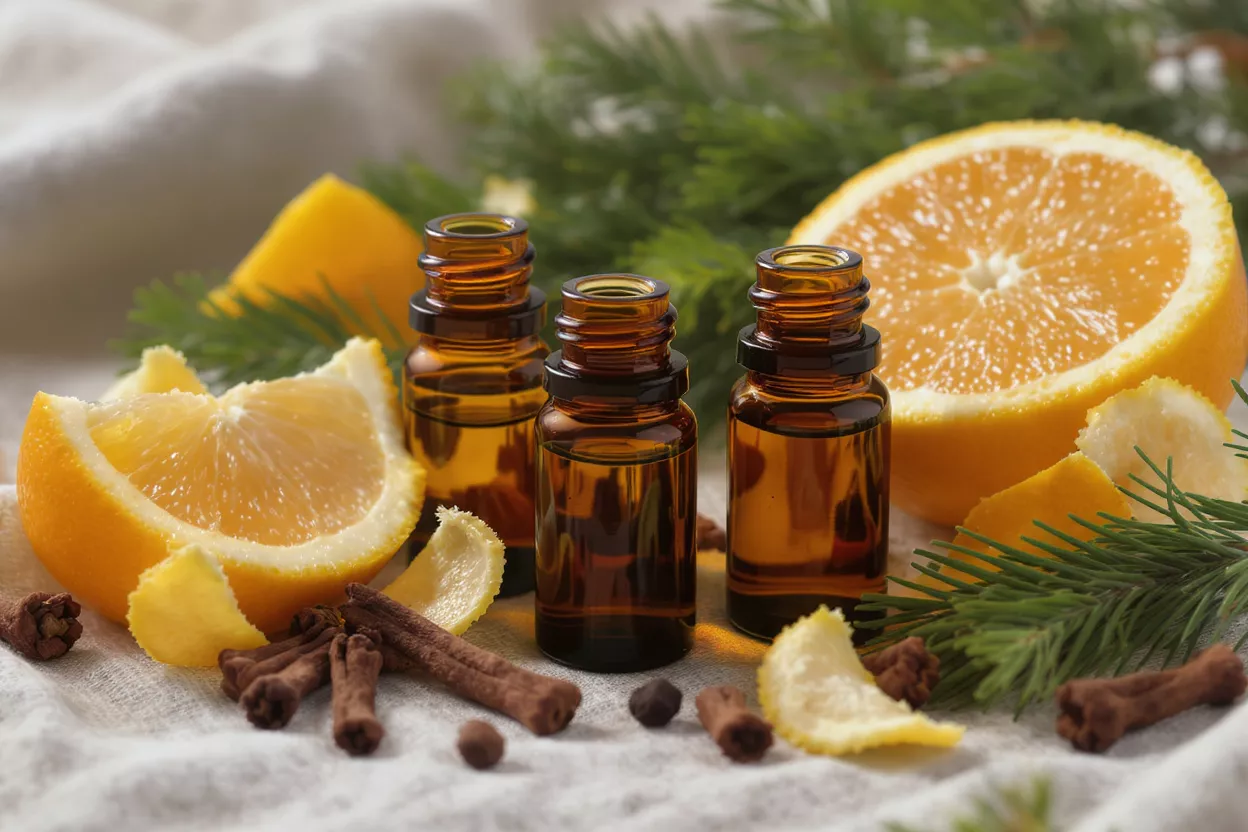Three amber bottles of essential oil with oranges, cinnamon, cloves, and pine needles.