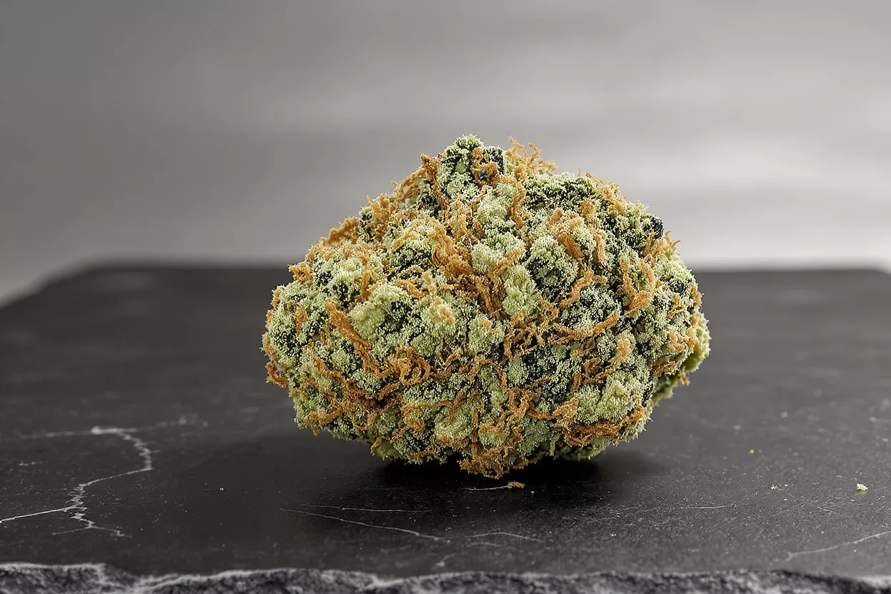 Close-up of a cannabis bud with light green leaves and orange hairs on a dark slate.