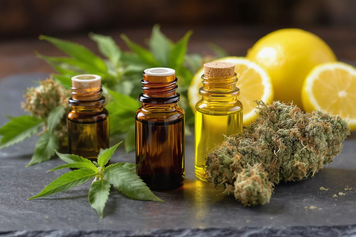 Three bottles of CBD oil, cannabis buds, and fresh lemons on a dark surface.