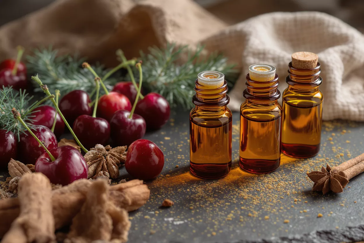 Three amber essential oil bottles with cherries, cinnamon, and star anise.