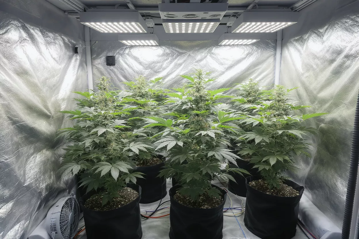 Cannabis plants flowering under bright LED grow lights in a reflective tent.