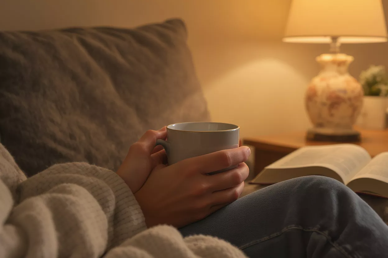 Hands holding a steaming mug, person relaxing on a couch with a book.