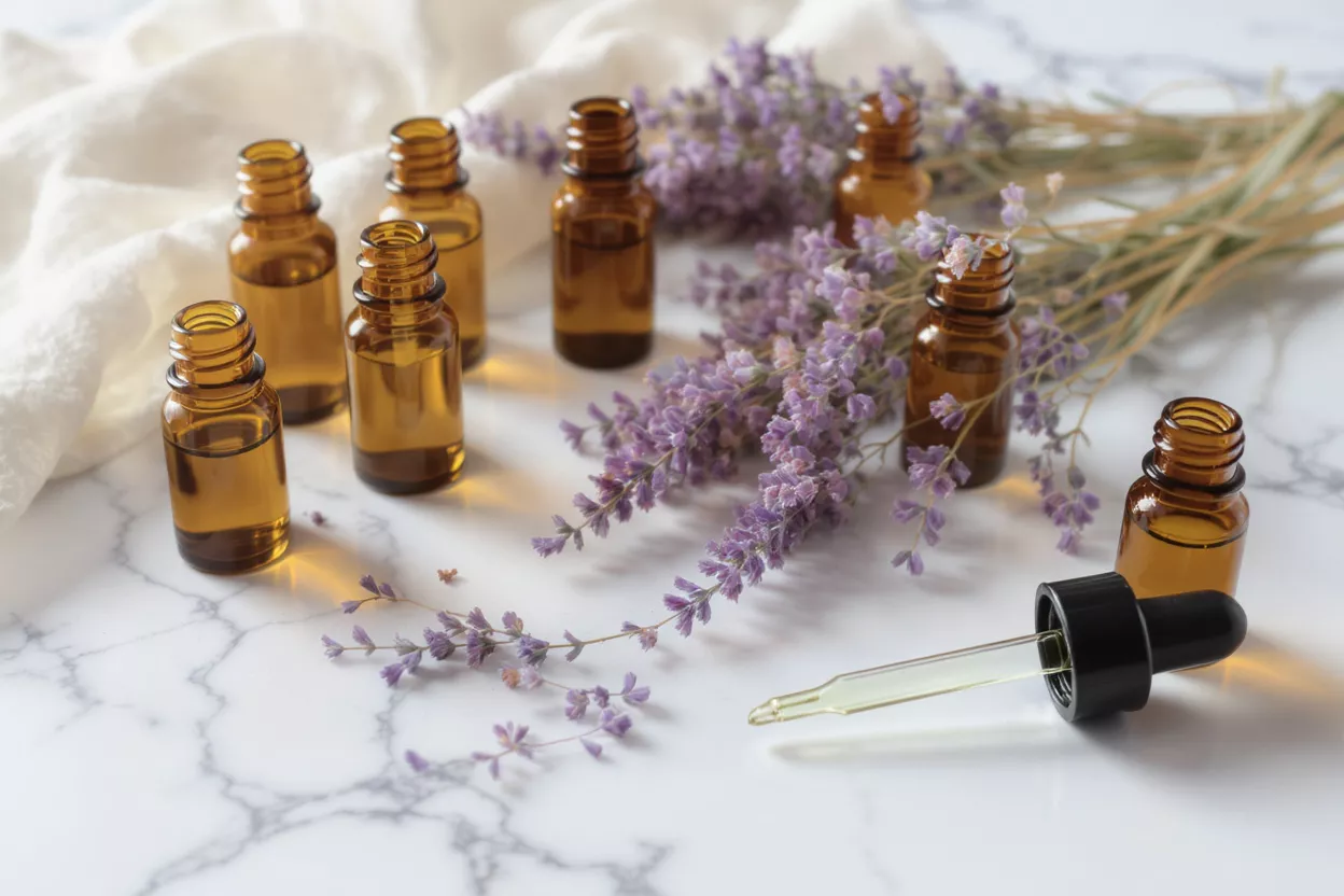 Amber bottles of lavender essential oil with fresh lavender sprigs and a dropper.