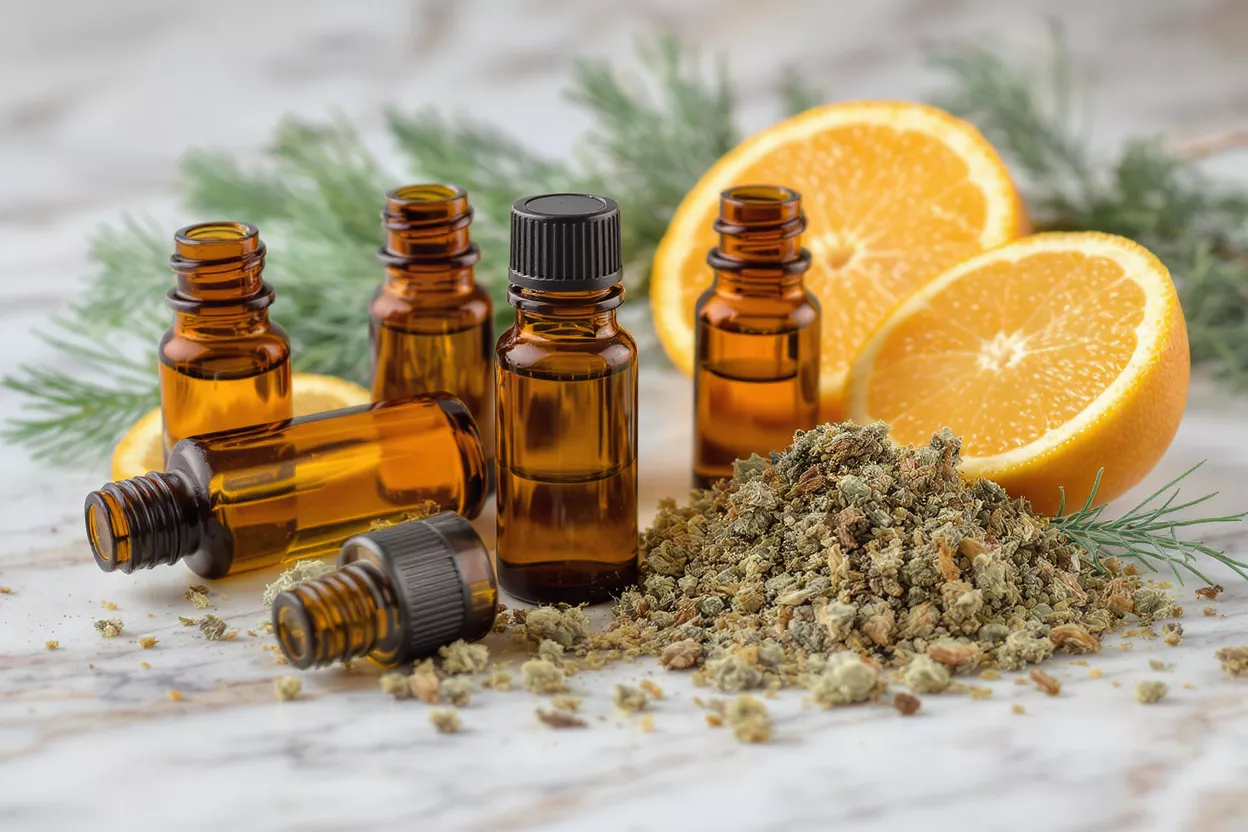 Amber essential oil bottles, dried herbs, and orange slices on a marble surface.