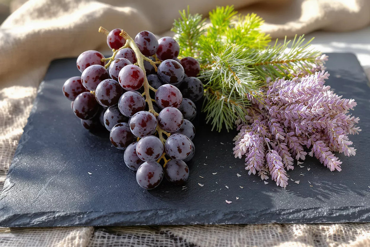 Dark red grapes, green pine needles, and purple lavender on a black slate board.