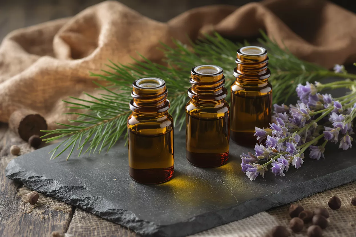 Aceites Esenciales con Lavanda y Pino Tres frascos ámbar de aceites esenciales con agujas de pino y flores de lavanda sobre pizarra.
