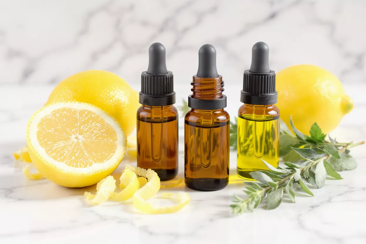 Three dropper bottles of lemon essential oil with fresh lemons and herbs on marble.