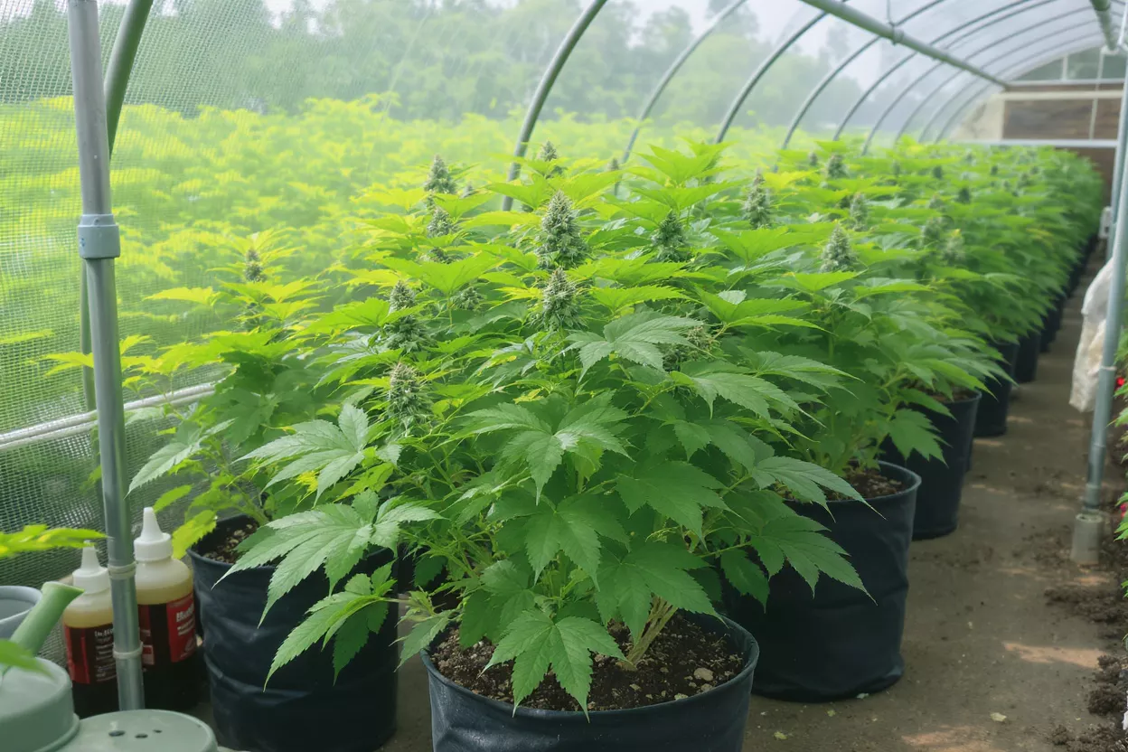 Rows of vibrant green cannabis plants with visible buds growing in a greenhouse.