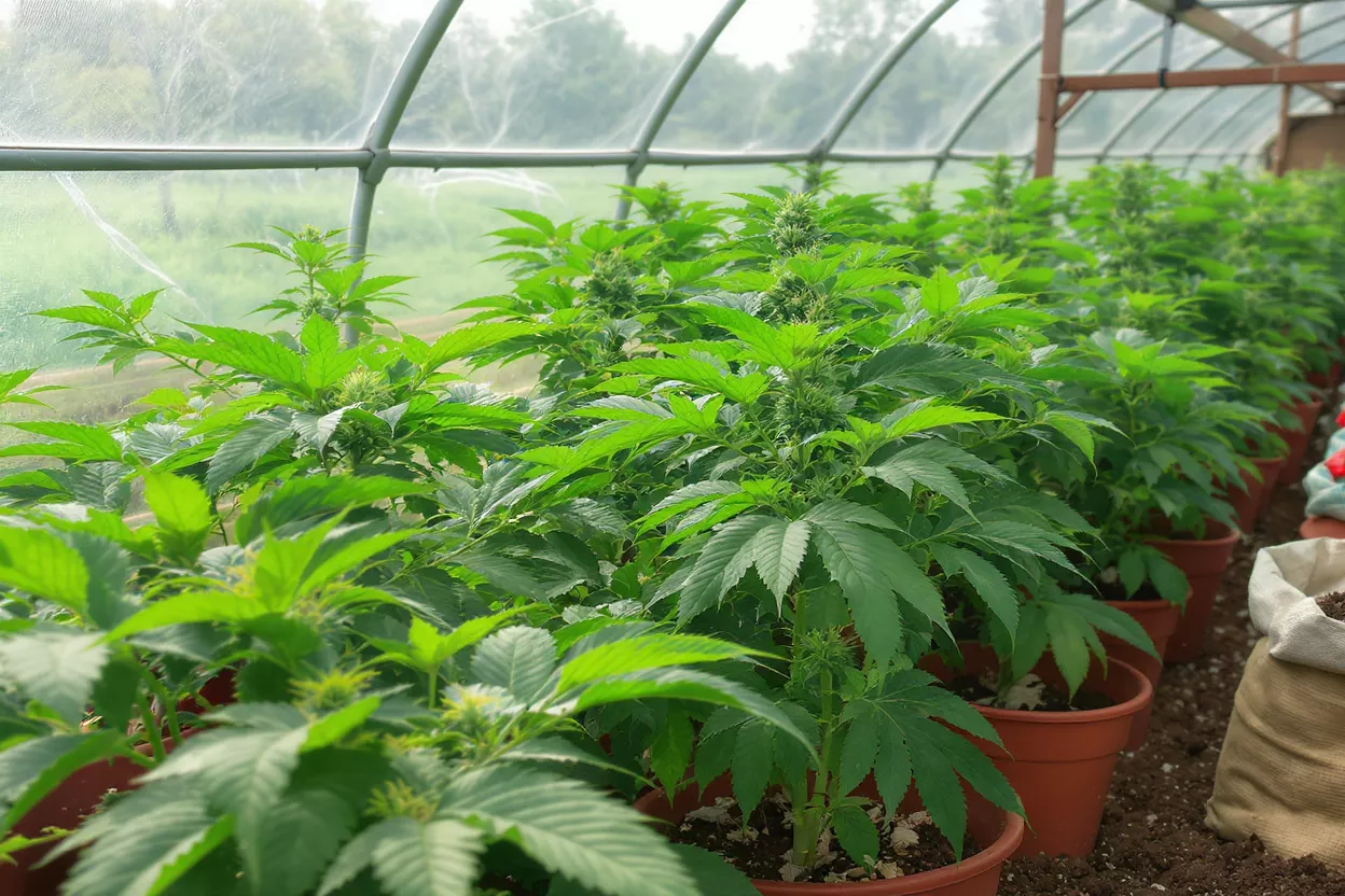 Rows of vibrant green cannabis plants growing in a greenhouse.