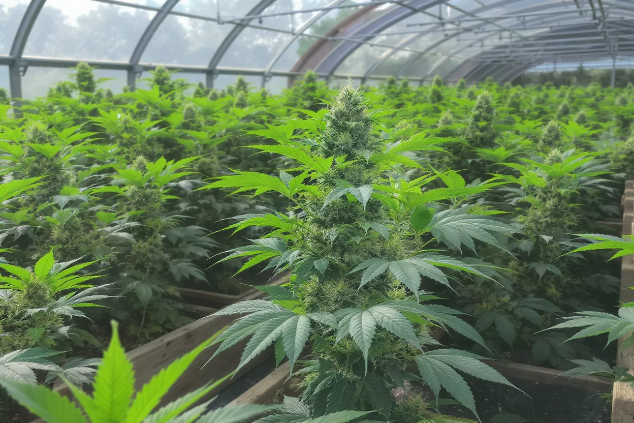 Rows of vibrant green cannabis plants thriving inside a large greenhouse.