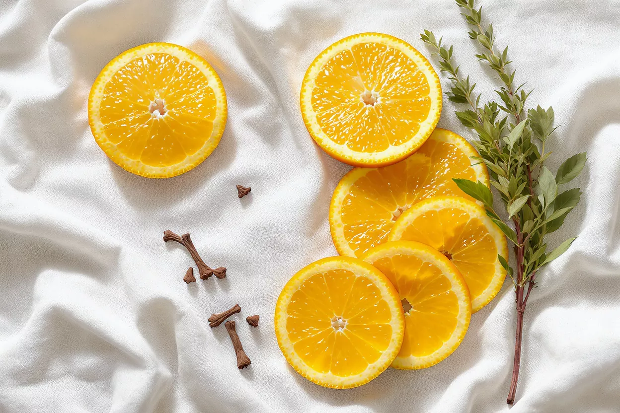 Bright orange slices, cloves, and green sprig on white fabric.