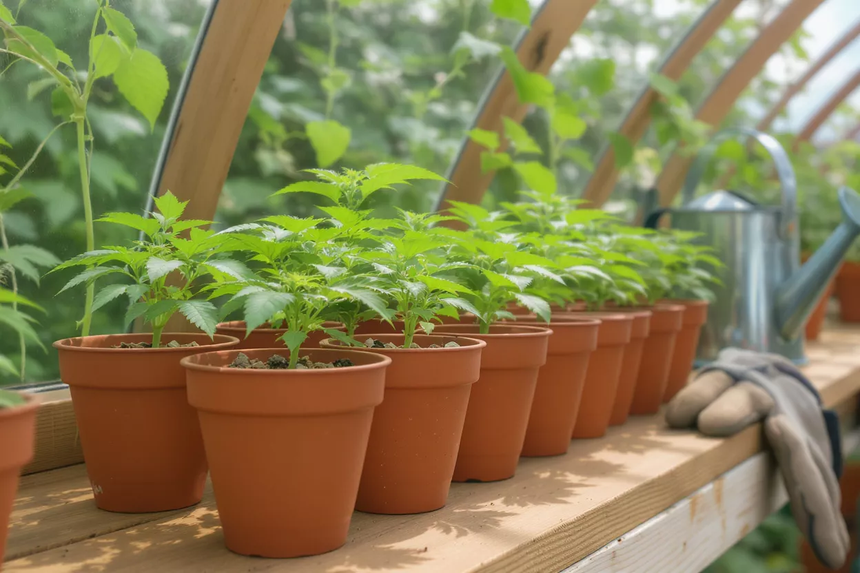 Row of vibrant green seedlings in terracotta pots on a wooden shelf inside a greenhouse.