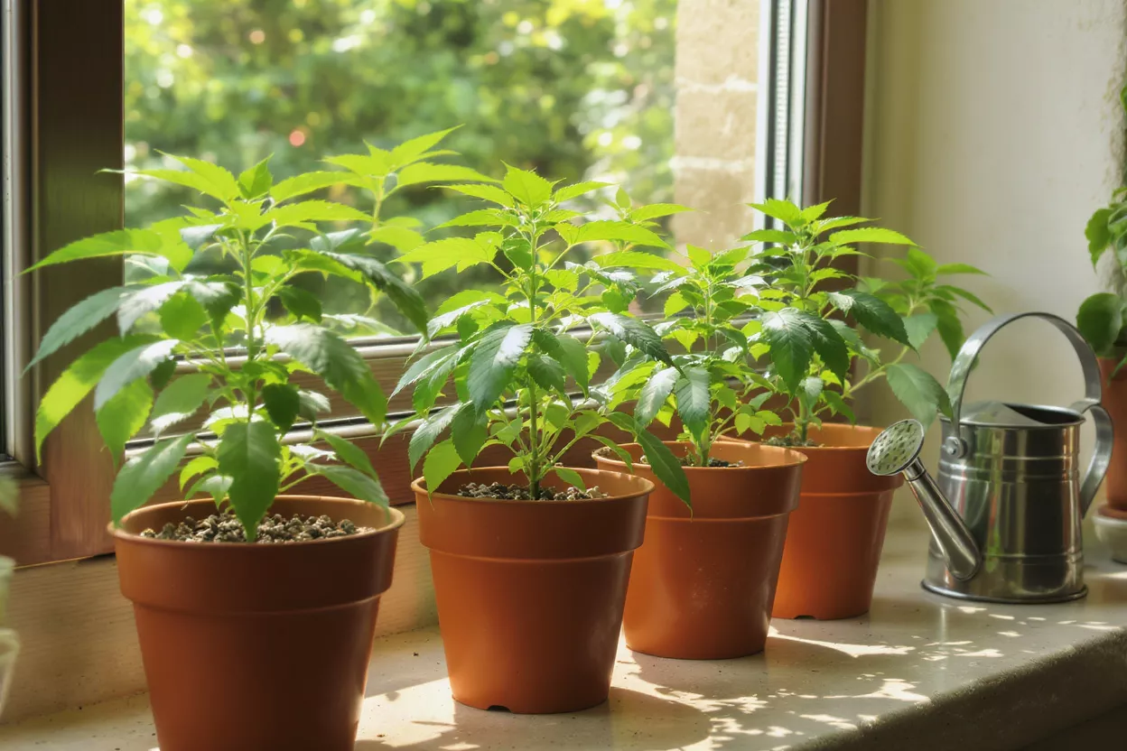 Four vibrant green plants in terracotta pots on a sunlit window sill.