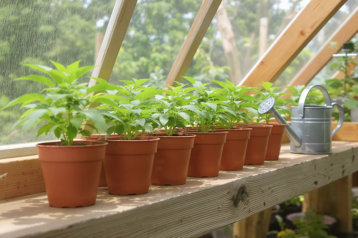 Row of green seedlings in brown pots with a watering can in a greenhouse.