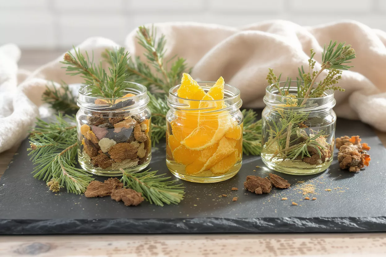 Three glass jars filled with natural potpourri ingredients on a slate board.
