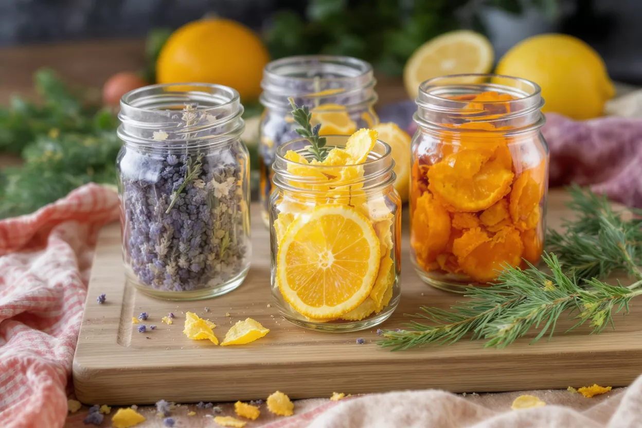 Tres frascos de vidrio llenos de lavanda seca, rodajas de naranja y cáscaras de naranja sobre una tabla de madera.