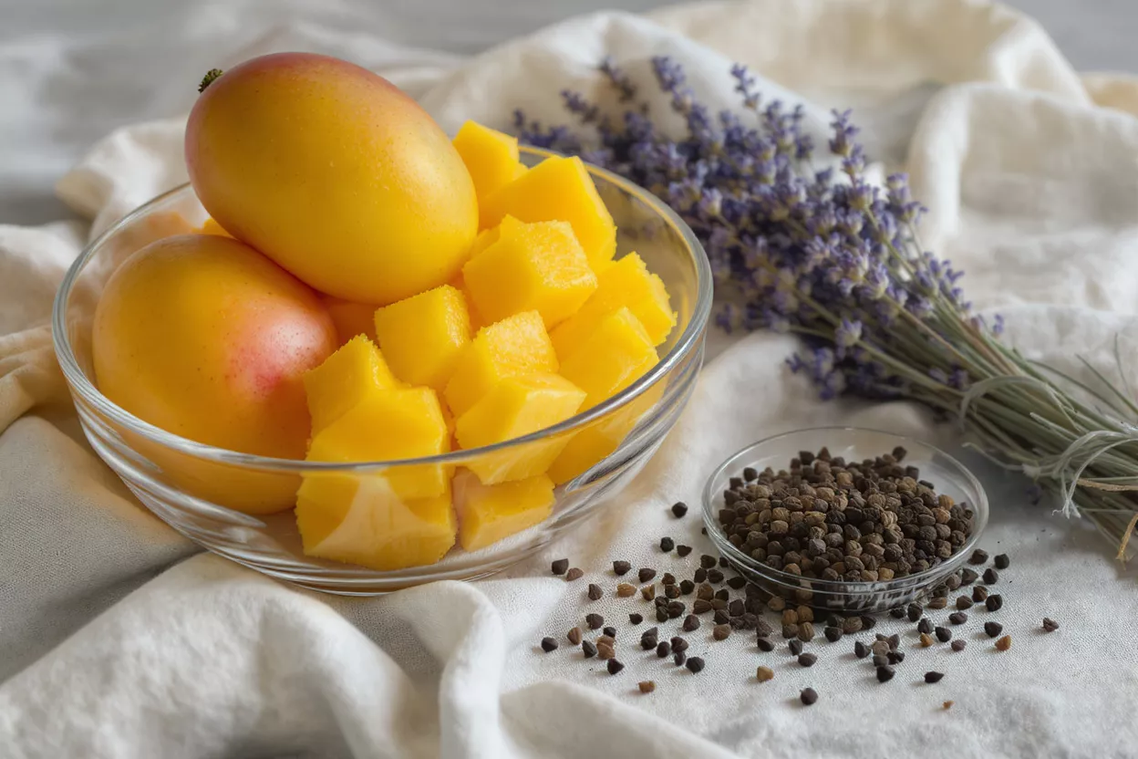 Whole and diced mangoes, lavender, and grains on a white cloth.