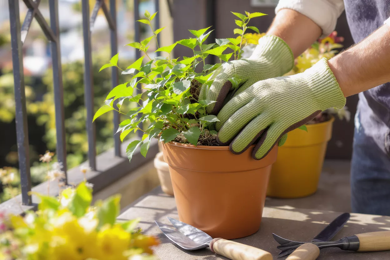 Hands in green gloves repotting a small plant into a terracotta pot on a balcony.