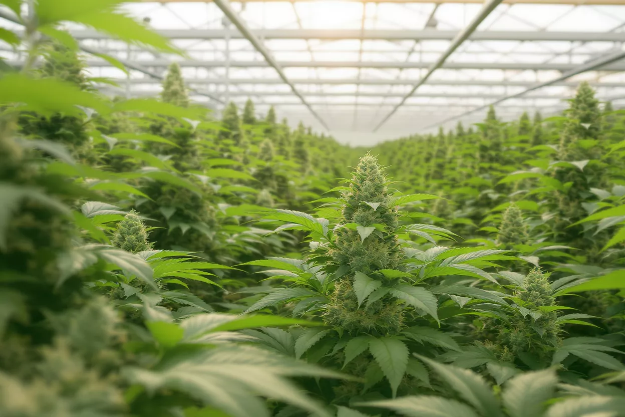 Rows of lush green cannabis plants with visible buds growing in a greenhouse.