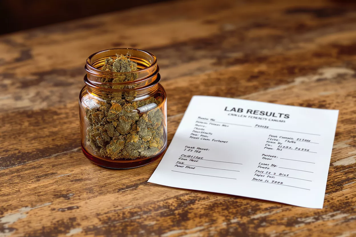 Resultados de laboratorio de cannabis Cogollos de cannabis en un frasco junto a una hoja de resultados de laboratorio sobre una mesa de madera.