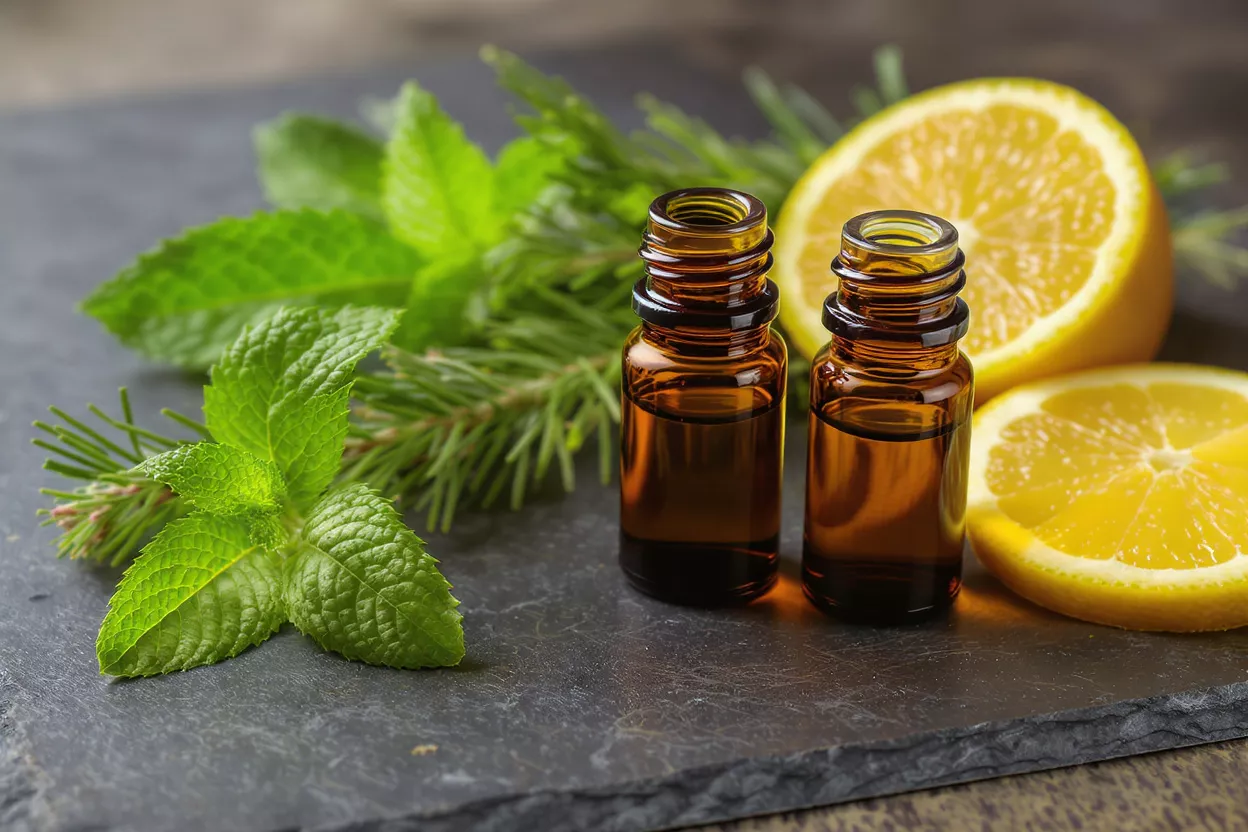 Two amber essential oil bottles with fresh mint, rosemary, and lemon slices.