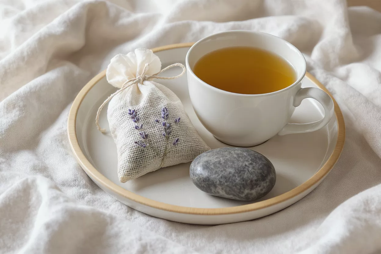 A white cup of tea, lavender sachet, and smooth stone on a tray.