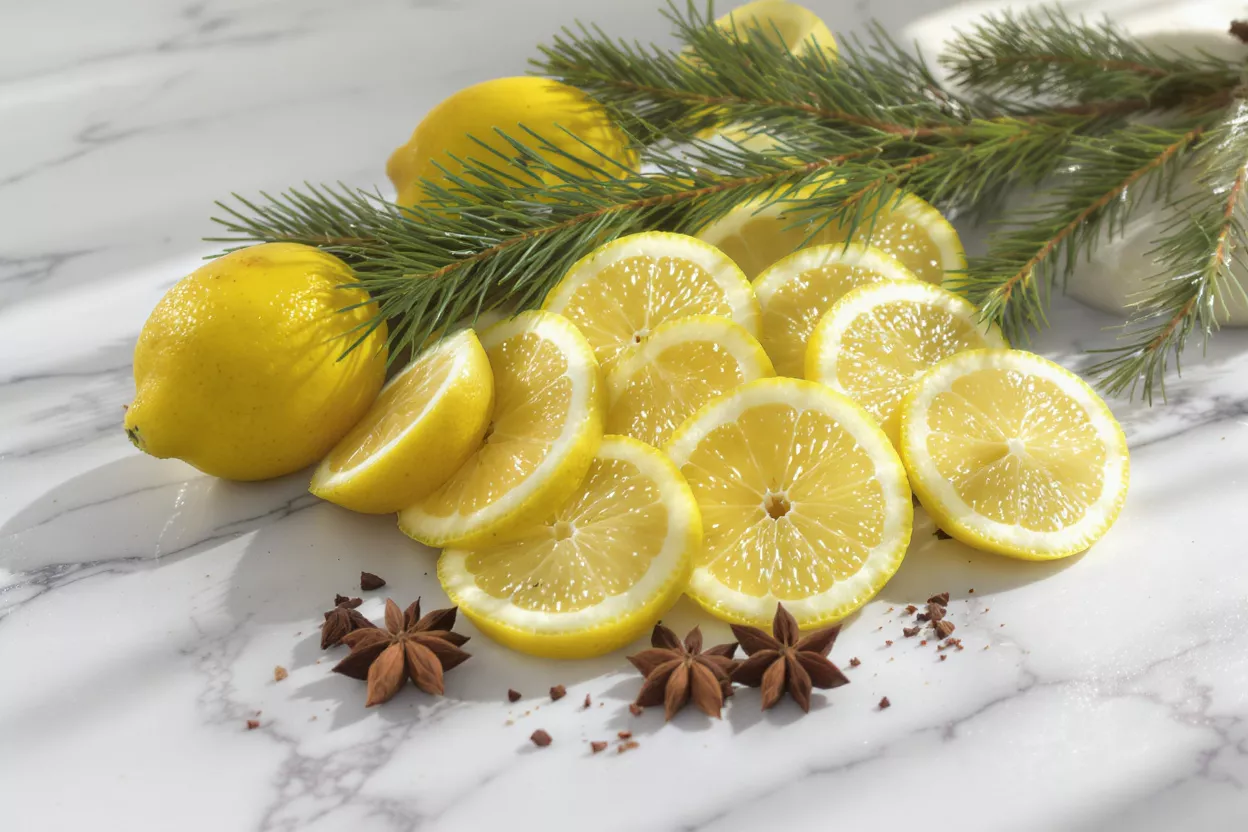 Whole and sliced lemons with pine branches and star anise on marble.