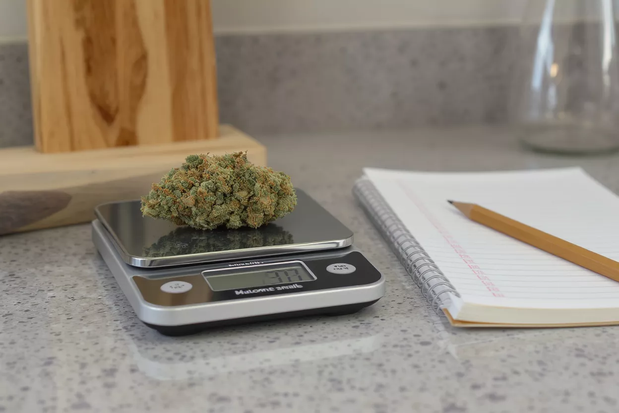 A large cannabis bud sits on a digital scale next to a notebook and pencil.