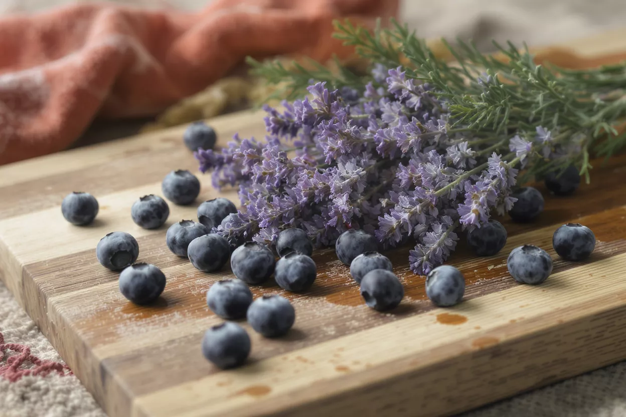 Arándanos frescos y ramitas de lavanda esparcidos sobre una tabla de cortar de madera.
