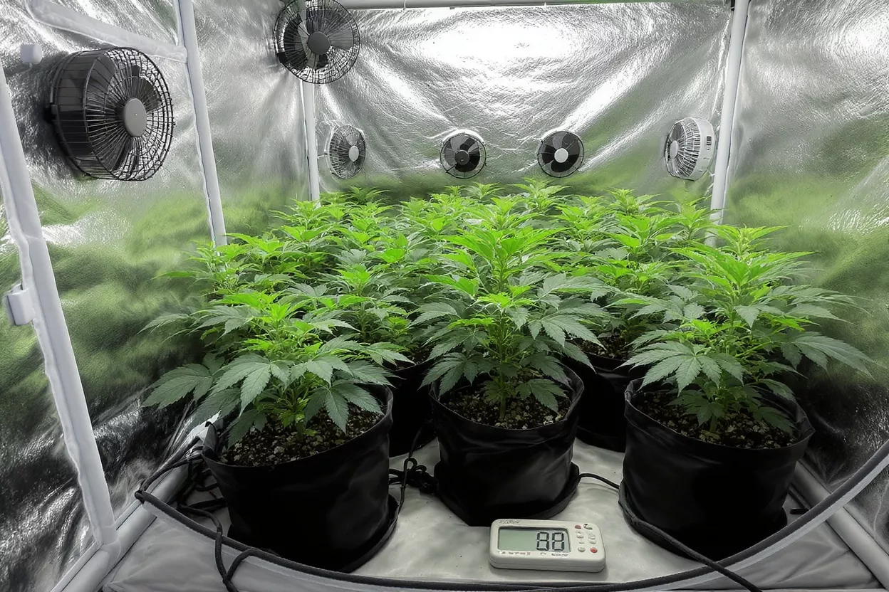 Lush green cannabis plants thriving in an indoor grow tent with fans and thermometer.