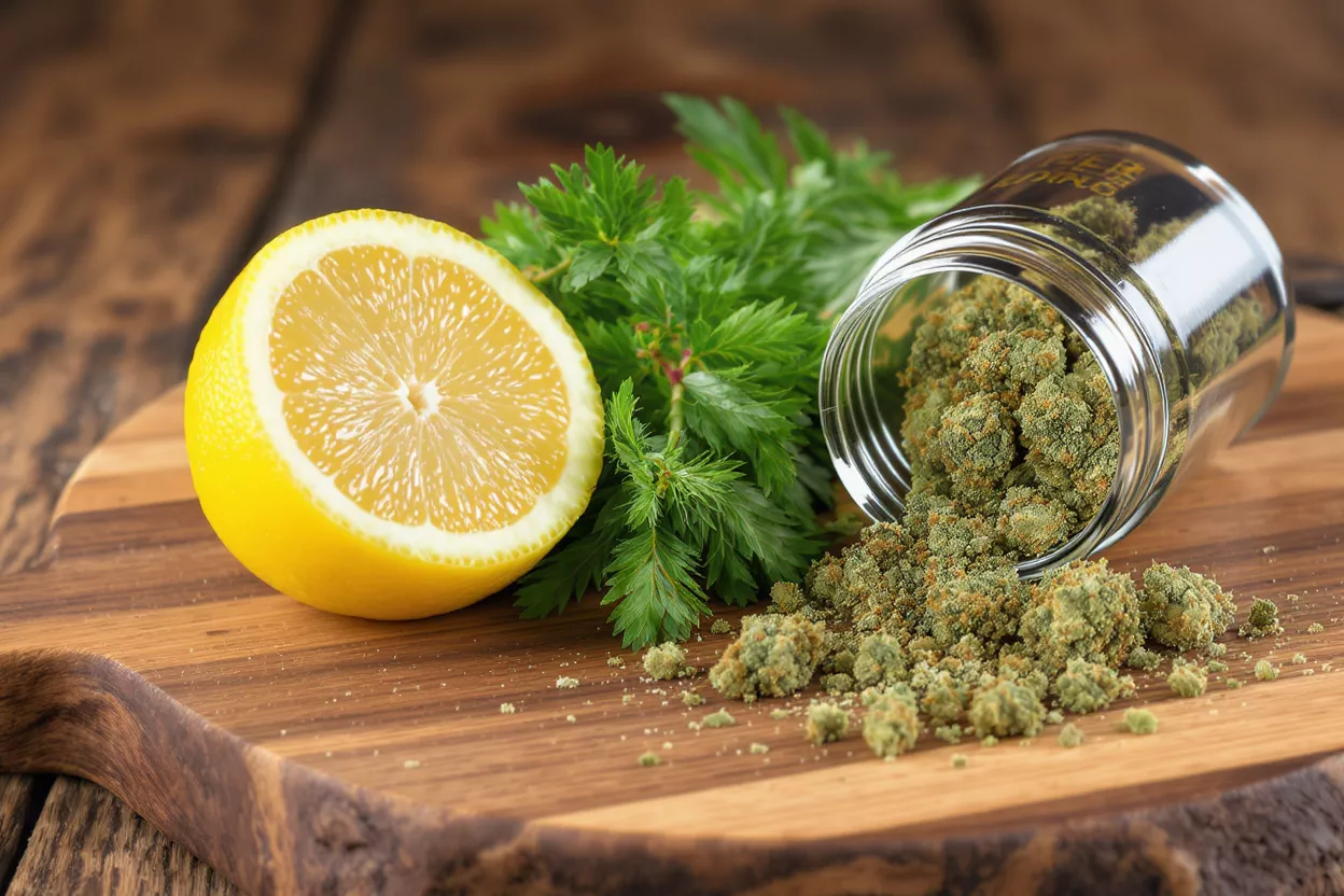 Half lemon, cannabis buds spilling from jar, and green leaves on wooden board.