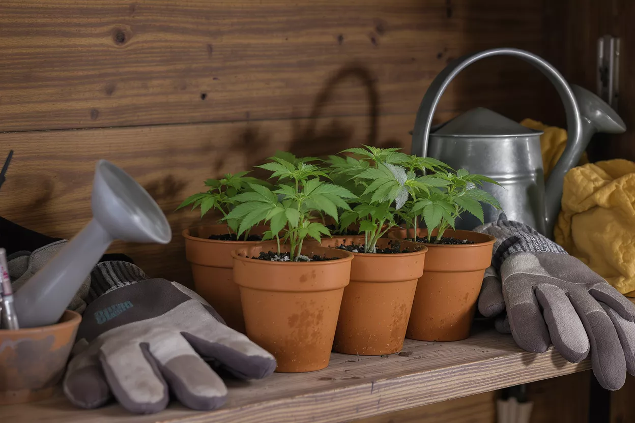 Small cannabis seedlings in terracotta pots with gardening gloves and watering can.