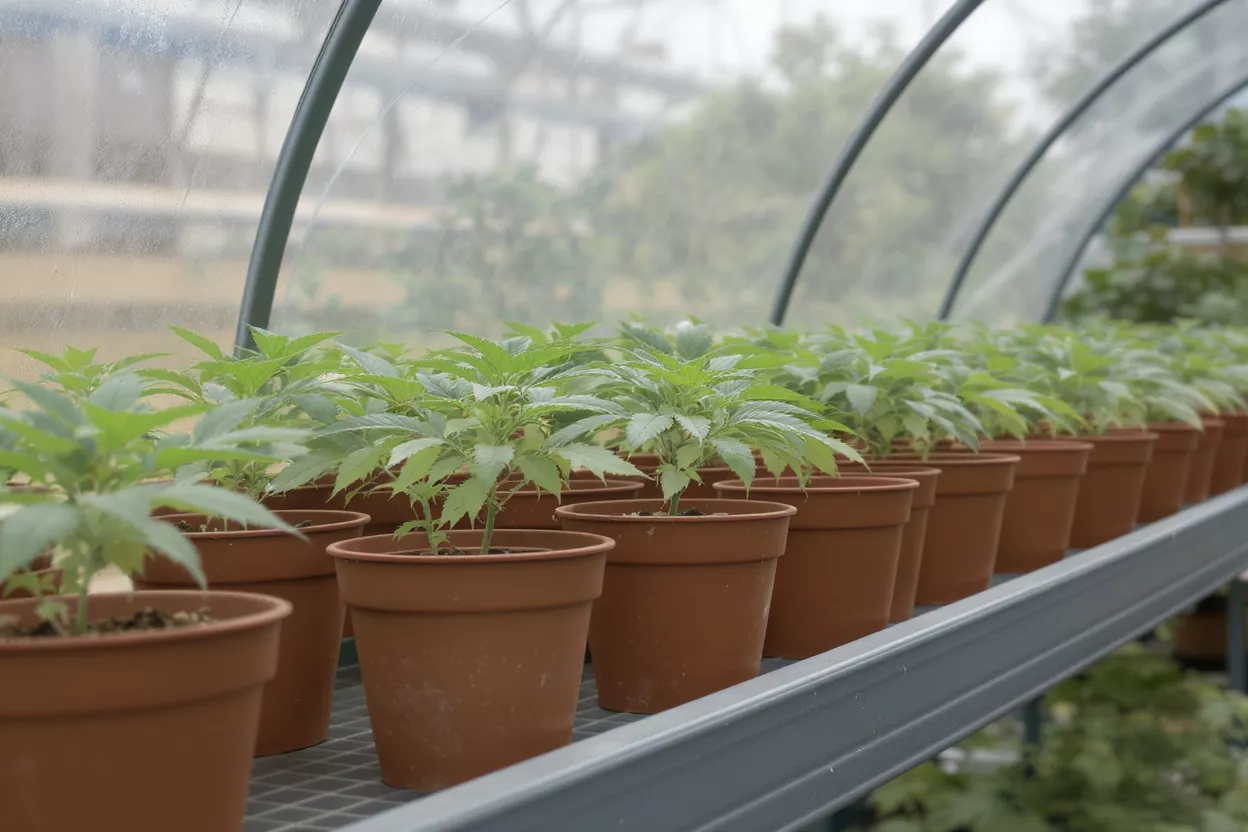Row of young cannabis plants in brown pots inside a greenhouse.