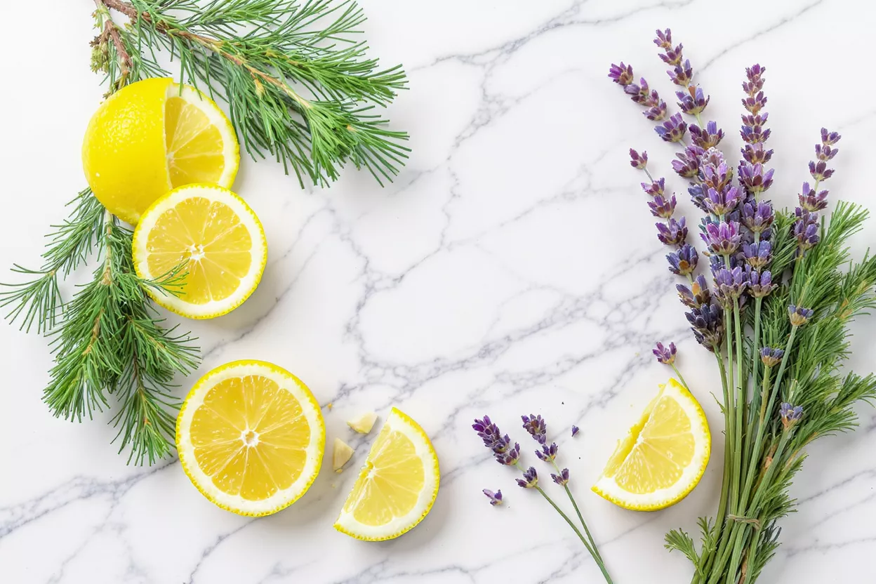 Bright yellow lemon slices, purple lavender, and green pine branches on white marble.