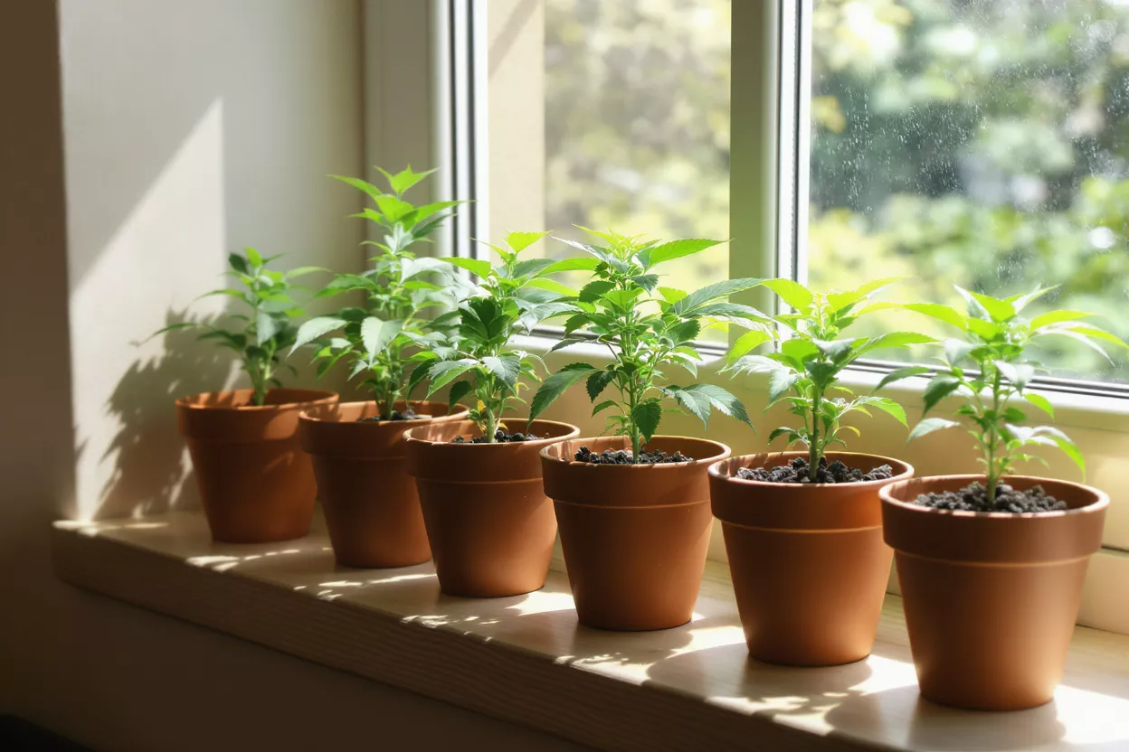 Six small green plants in terracotta pots on a sunlit windowsill.