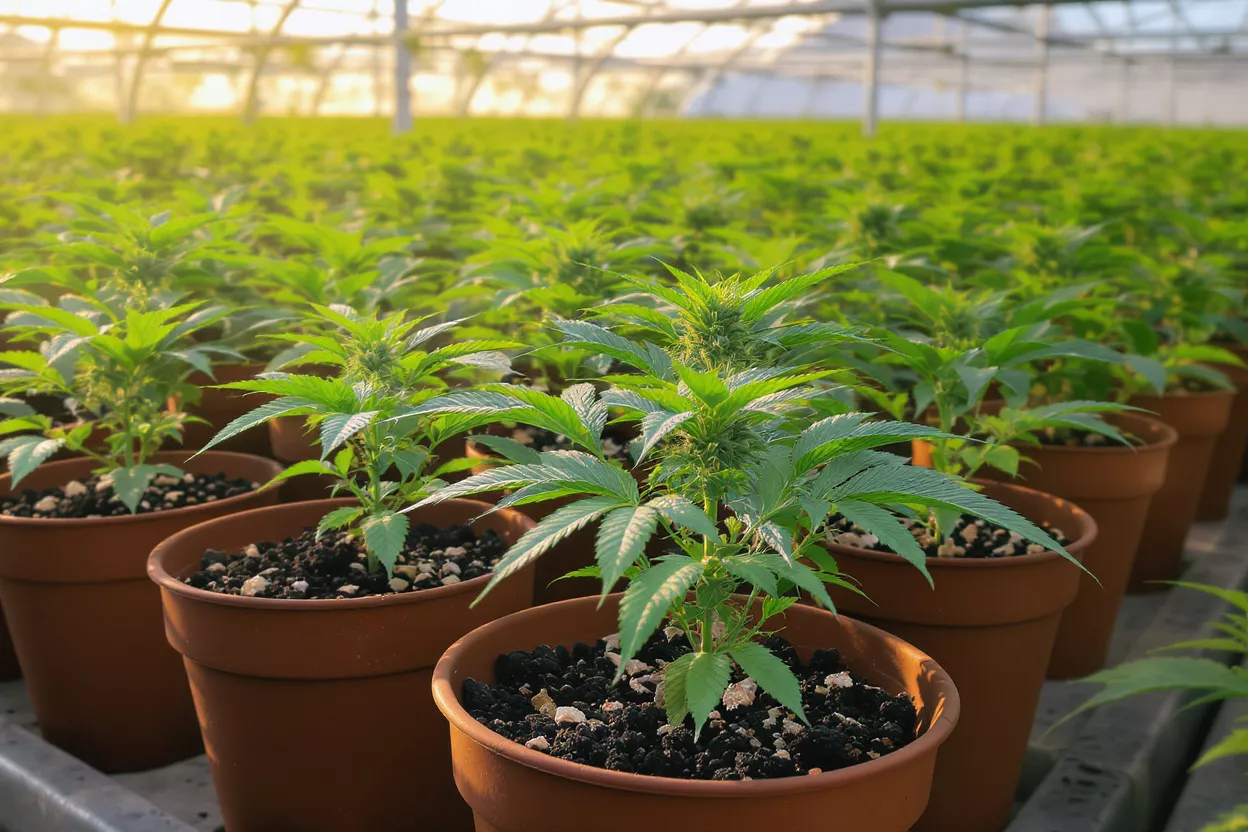 Rows of vibrant green cannabis plants growing in brown pots inside a sunlit greenhouse.