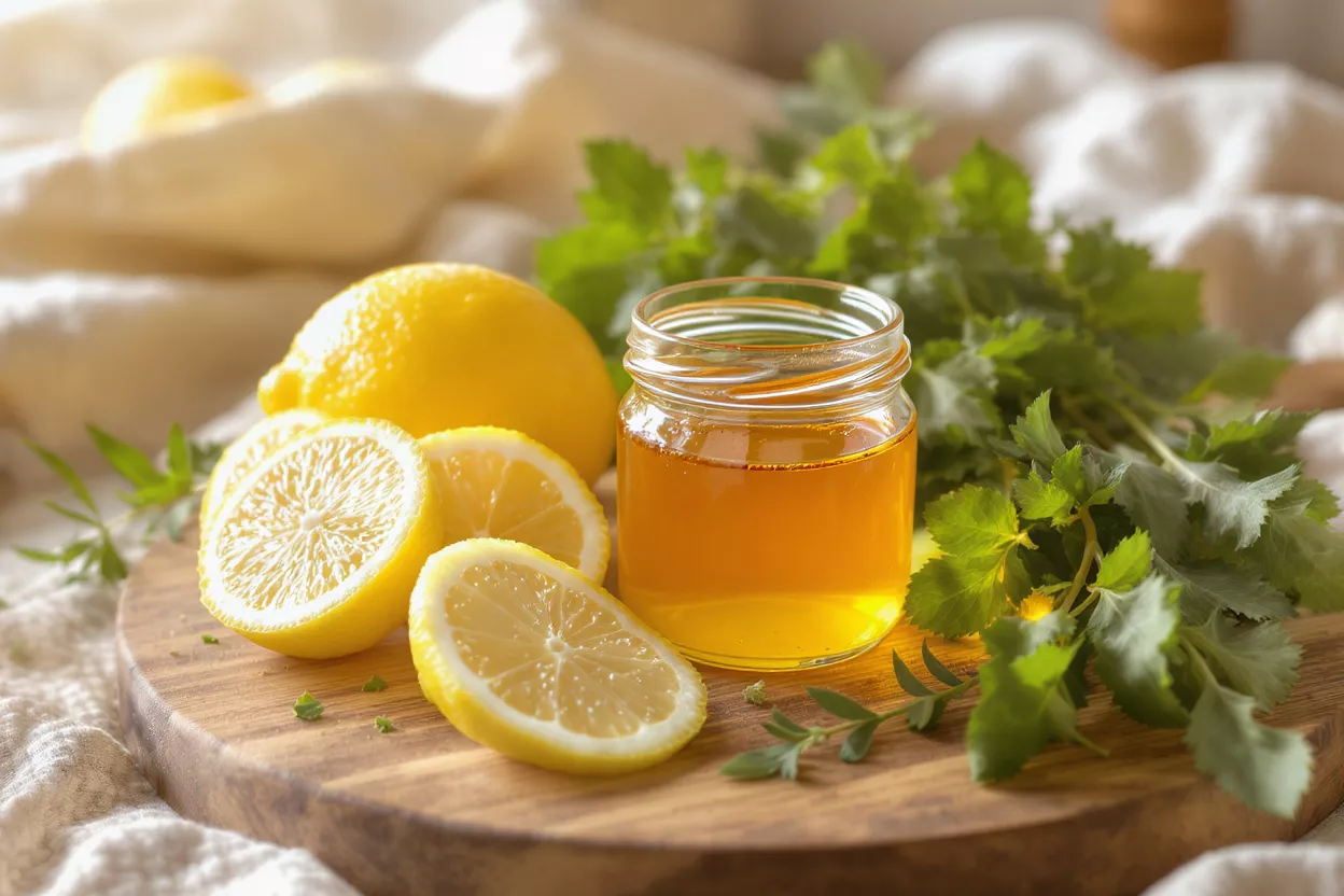 A jar of honey, whole lemons, and lemon slices with fresh herbs on a wooden board.
