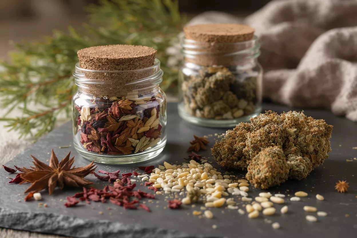 Two jars with cork lids, one with potpourri, the other with herbs, on a dark surface.