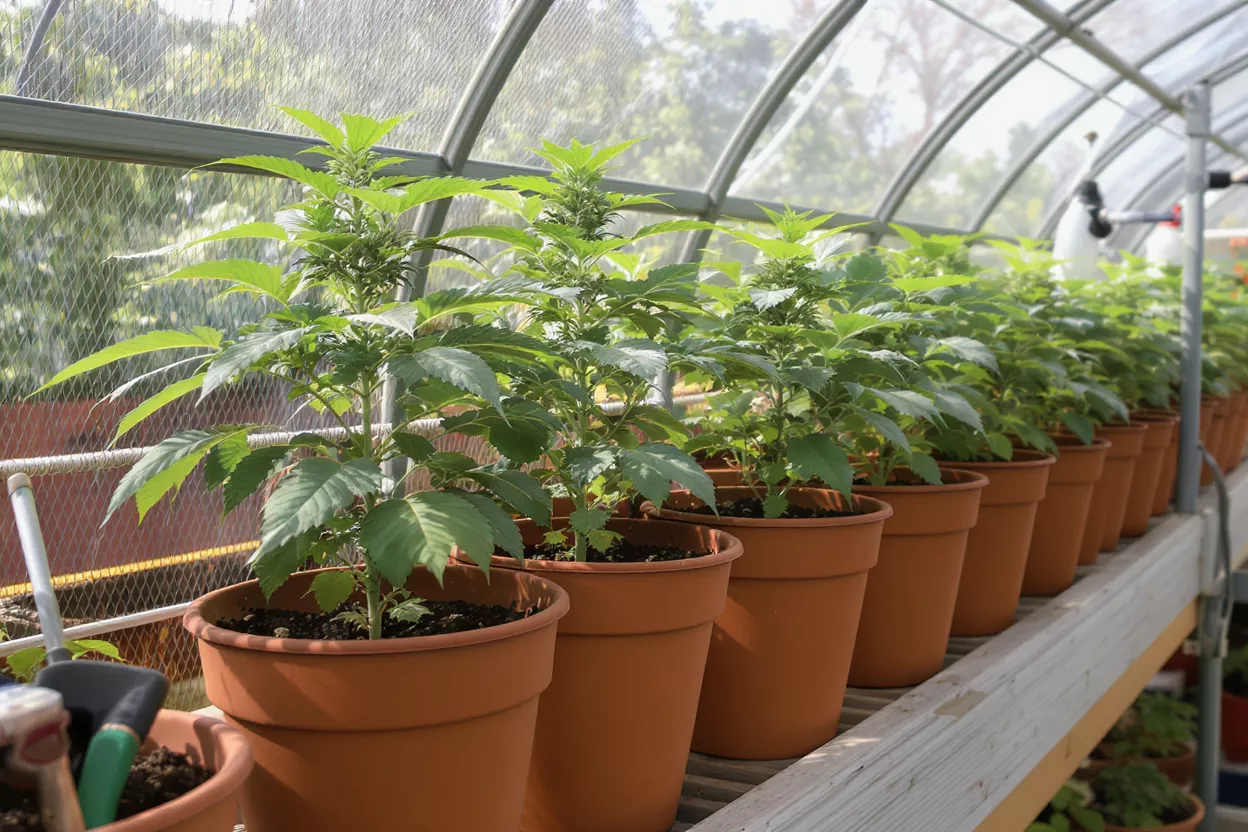 Rangée de plants de cannabis sains en pots en terre cuite à l'intérieur d'une serre ensoleillée.